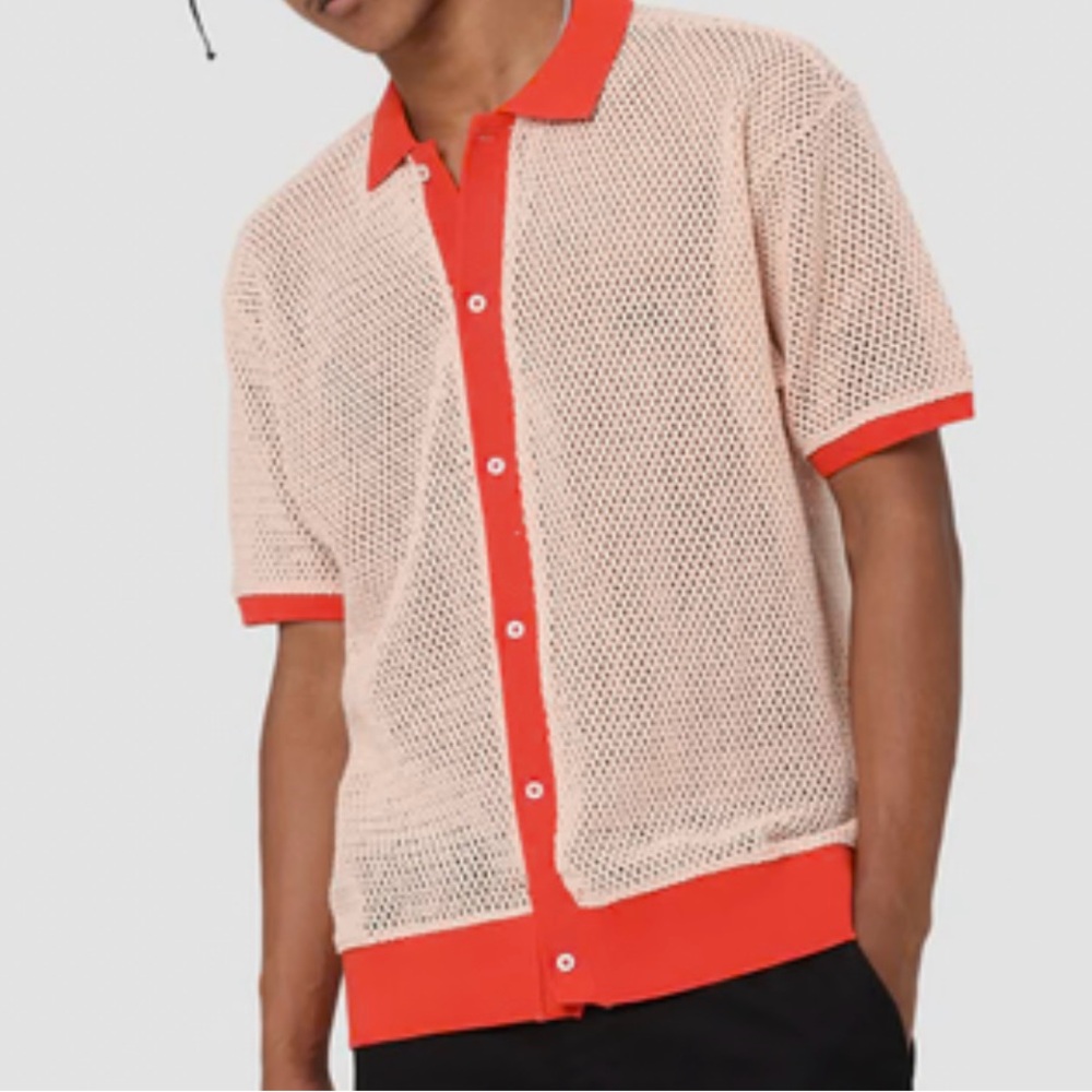 Obey Grove Button-Up Polo Shirt Mens L Pink Clay Short Sleeve 100% Cotton Casual